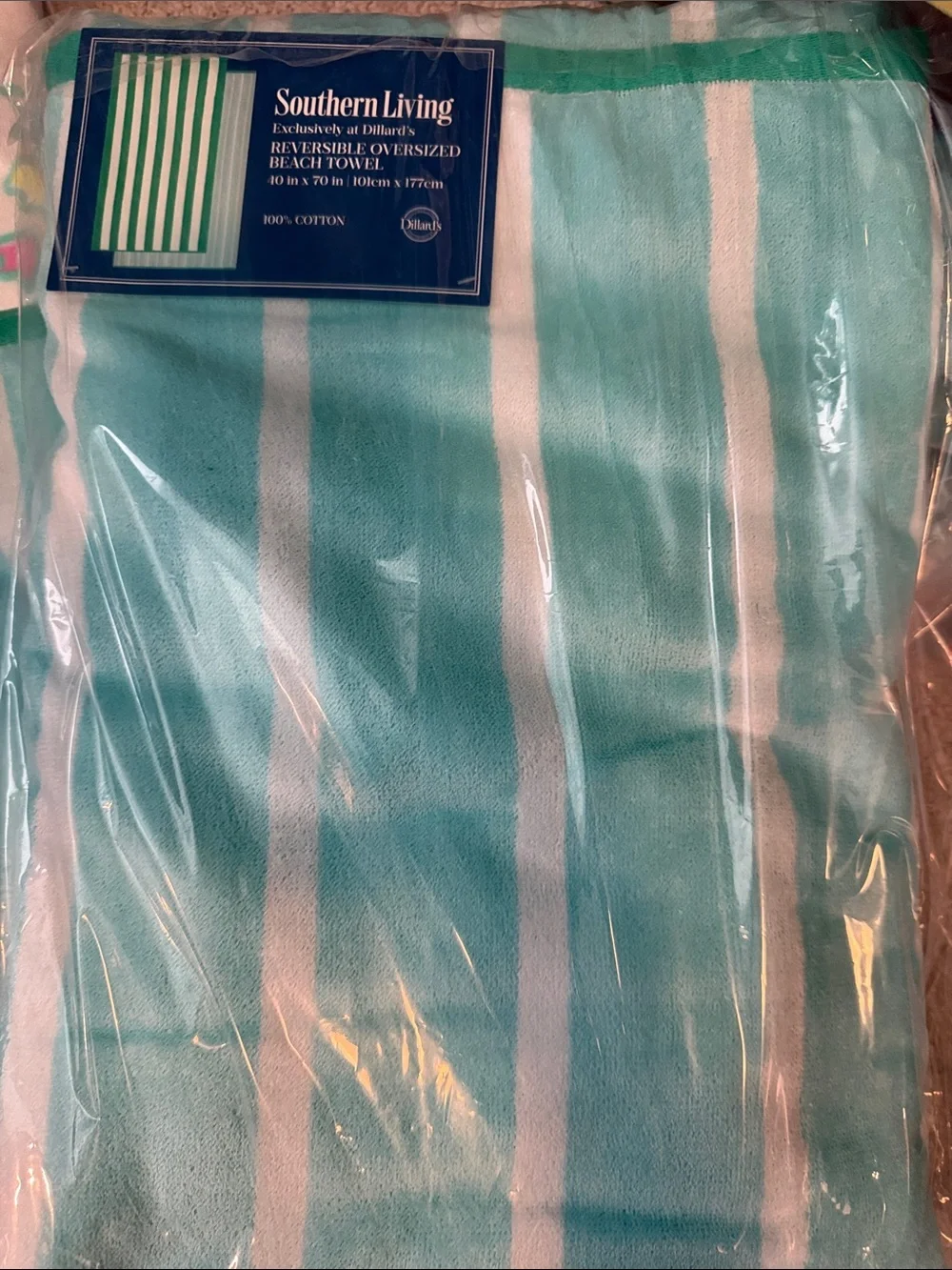 Southern Living Green Blue Striped Reversible Oversize Beach Towel 40x70 Cotton